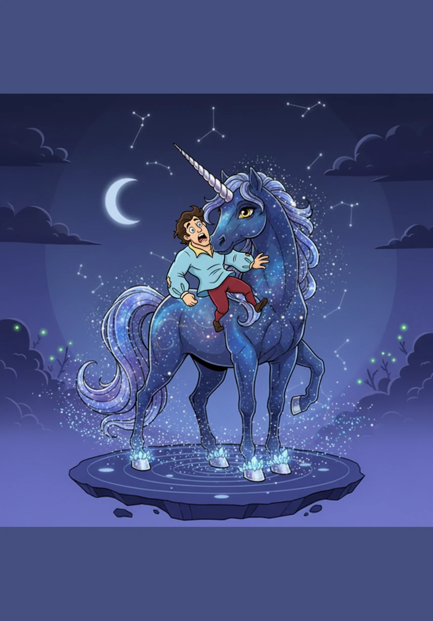 As the unicorn leaps across the moon, it leaves behind a trail of colorful, sparkling cupcakes that float weightlessly in the sky. Each treat is decorated with swirling frosting that glows like tiny, edible stars against the velvet night.