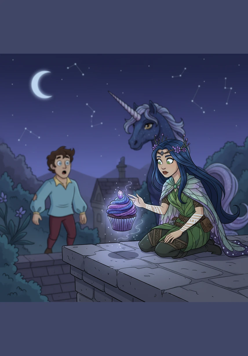 One of the magical cupcakes drifts back toward the rooftop, landing softly on the stone ledge right in front of Elara. She stares at the impossible confection, her eyes wide with a strange sense of longing and wonder.