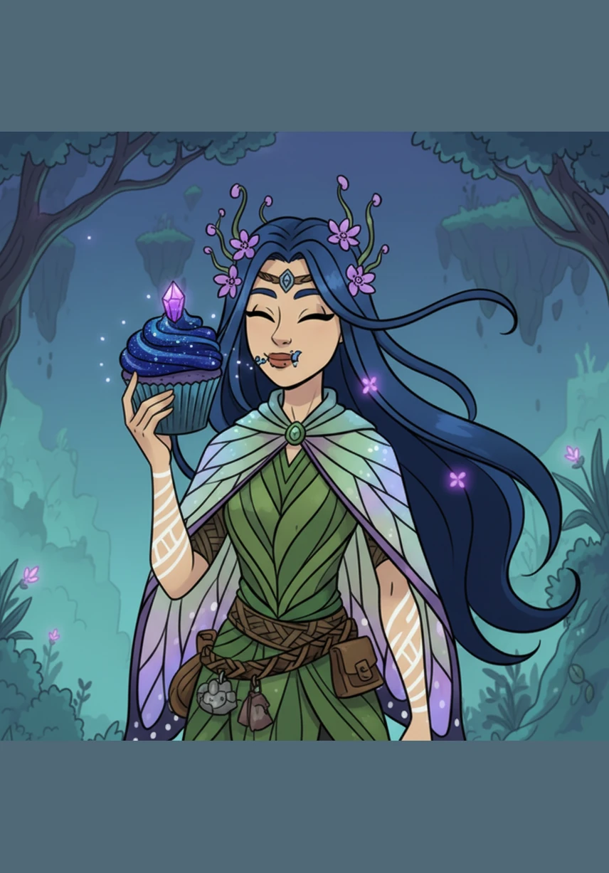 Elara picks up the cupcake and takes a slow, deliberate bite, savoring a sweetness that tastes of ancient magic and summer rain. A warm, golden light begins to radiate from her skin, pulsing in rhythm with her heartbeat.