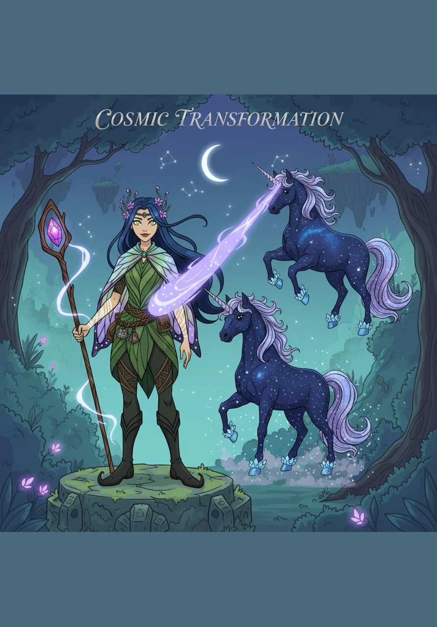 Her silhouette begins to shift and blur as shimmering feathers sprout from her arms and her form begins to shrink. The transformation is swift and radiant, turning her from a woman into a creature of the endless sky.