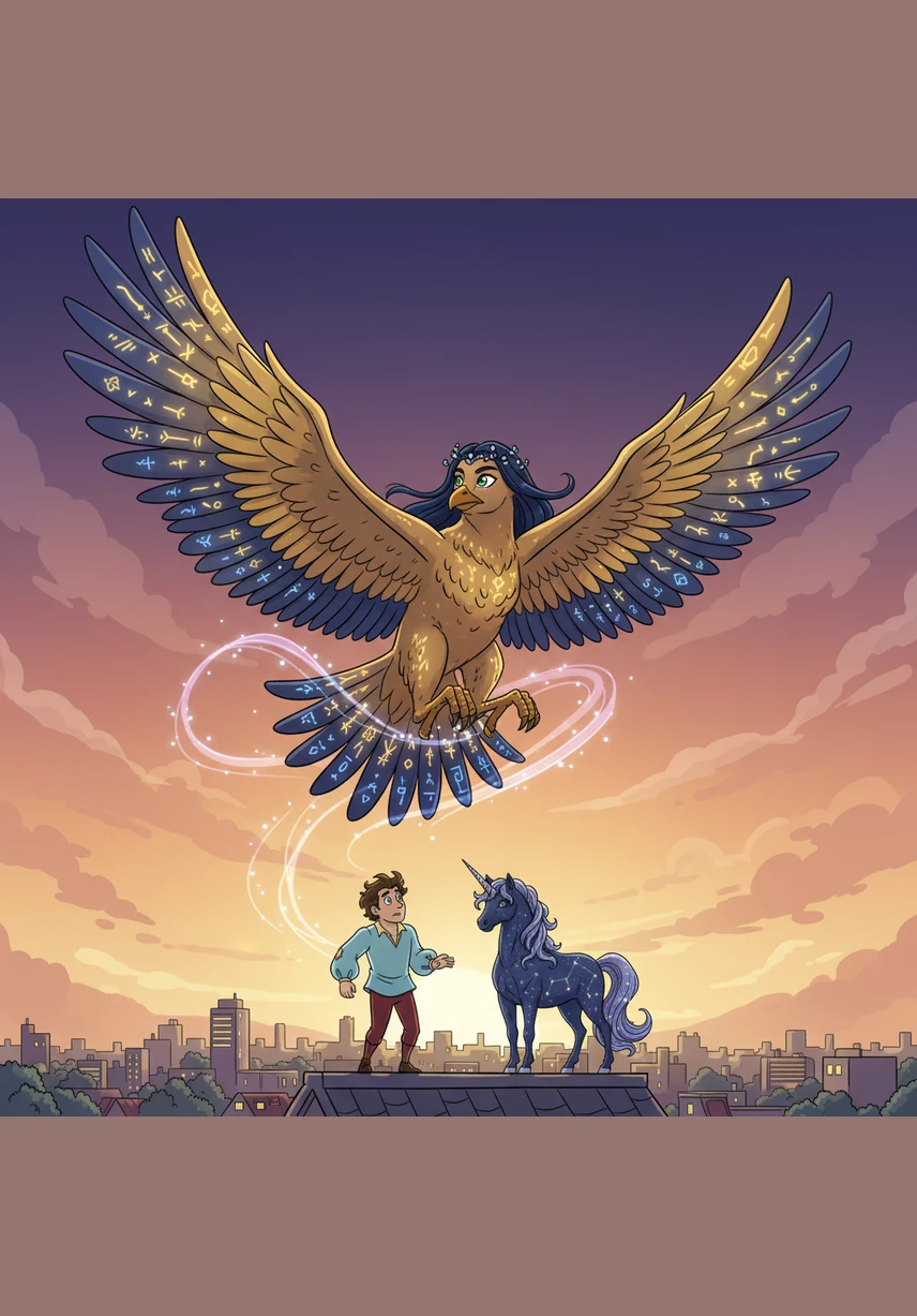 Now a majestic bird of golden plumage, Elara spreads her powerful wings and takes flight from the rooftop. She soars high above the city, leaving the ground and her past far behind as she disappears into the rising dawn.