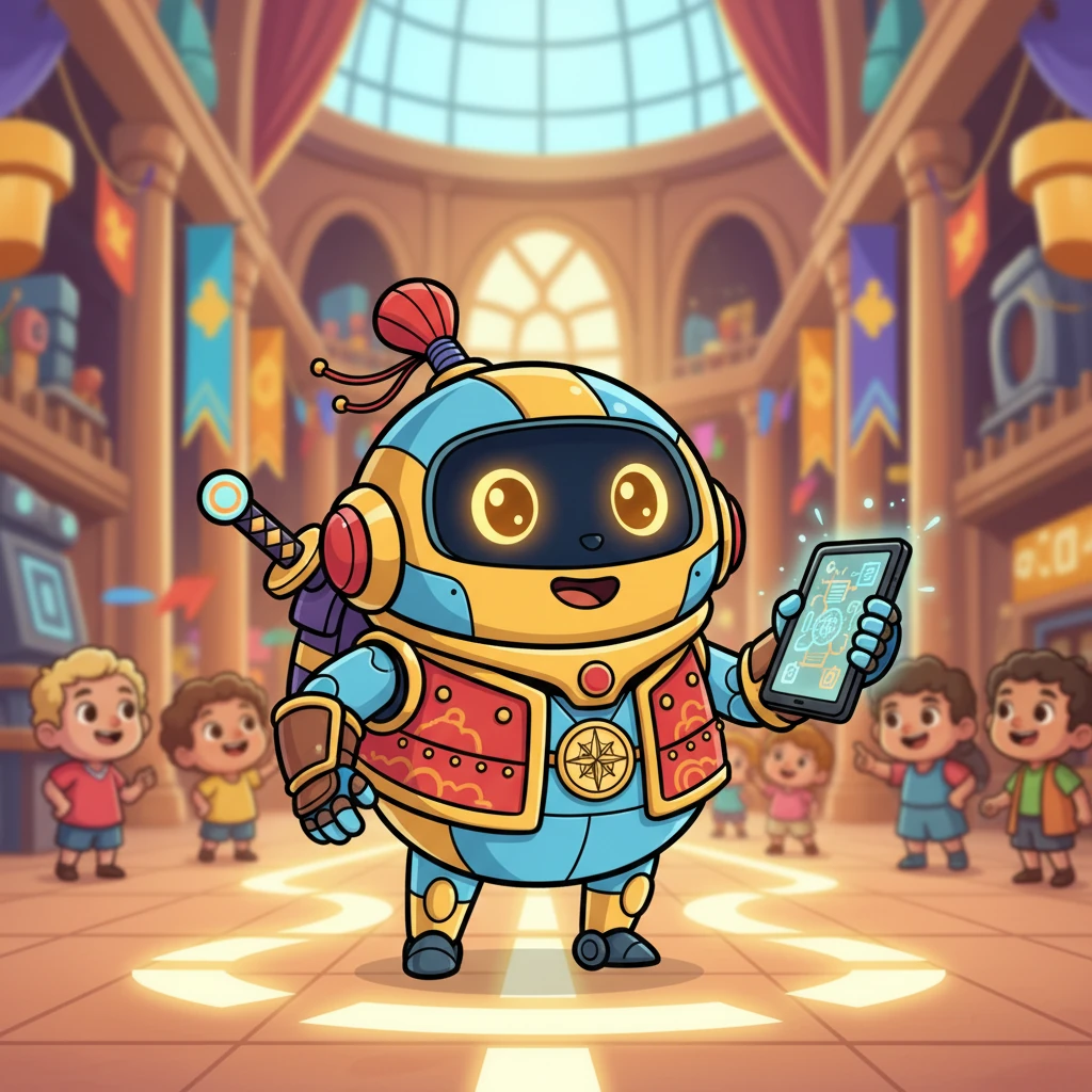 Rory is a cheerful, round robot with big, friendly eyes and a little samurai-like topknot antenna. He stands in a brightly colored, bustling indoor setting, perhaps a grand hall, looking ready for adventure. Rory is no ordinary robot; he's a master of finding paths, a true Ronin of navigation, always eager to help.