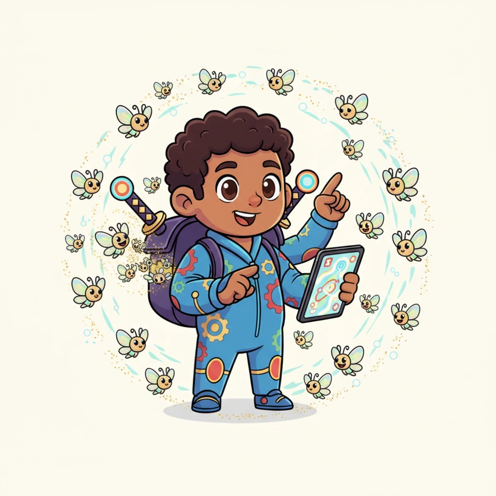 Little, shimmering, butterfly-like sprites, called Flutter-flies, emerge from Rory's back panel. These tiny, iridescent helpers are Bamba's messengers, zipping and zapping with joyful energy. They flutter around Rory, awaiting his instructions, their wings leaving trails of sparkling dust.