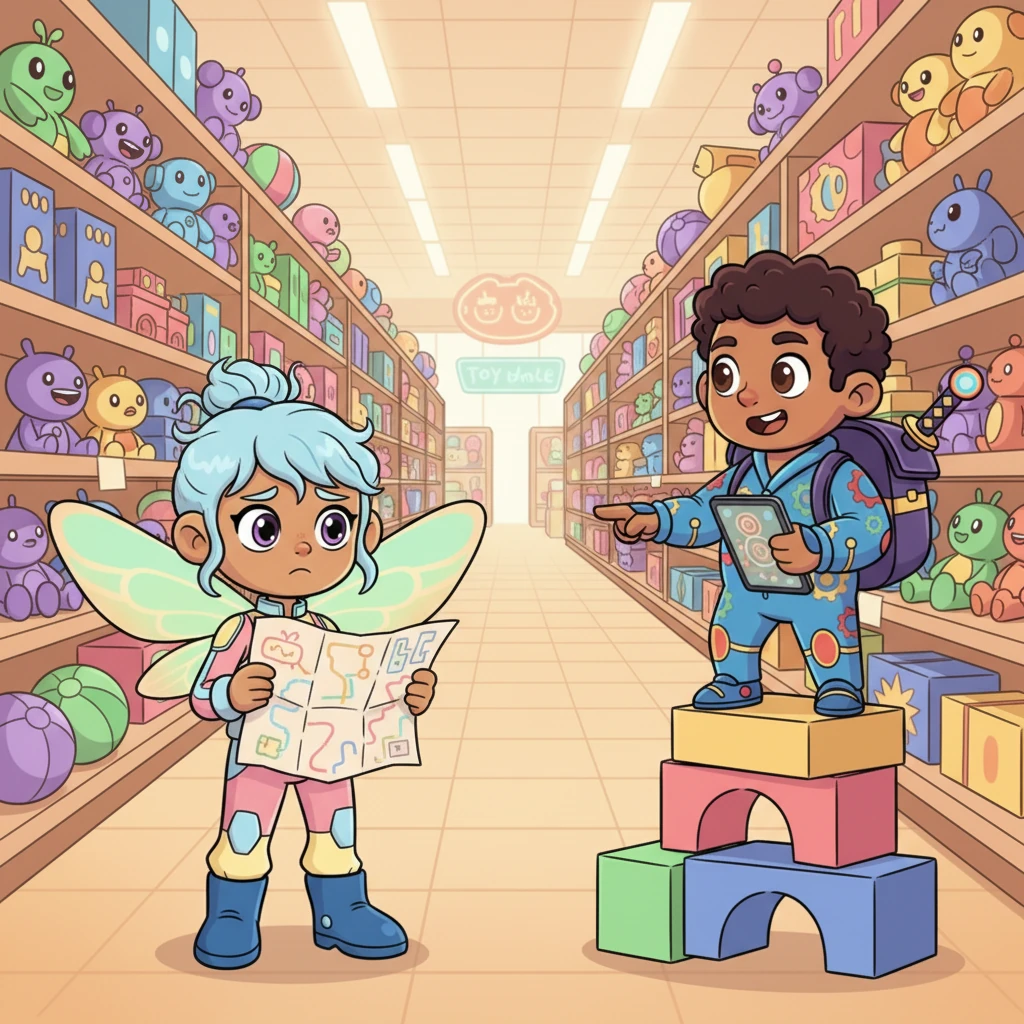 A child, Lily, looks lost and a little sad in a giant toy store, holding a crumpled map. She needs to find the "Rainbow Roller-Skates" but the aisles are a colorful maze. Rory spots her, his eyes twinkling with a helpful spark, sensing a new mission.
