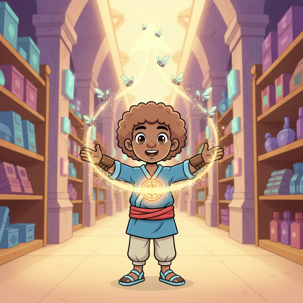 Rory's Bamba core glows brighter, sending a surge of energy through him. With a happy beep, he sends his Flutter-flies darting into the air. They form a sparkling arrow, pointing the way down a brightly lit aisle, ready to lead Lily on her adventure.