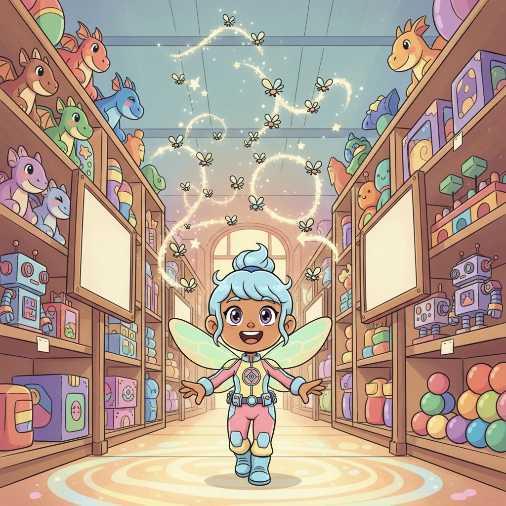The Flutter-flies zip and zoom ahead of Lily, forming playful shapes and patterns that guide her past towering shelves of toys. They twinkle above signs, highlighting the correct path, making the confusing store feel like a magical treasure hunt. Lily giggles, following their light.