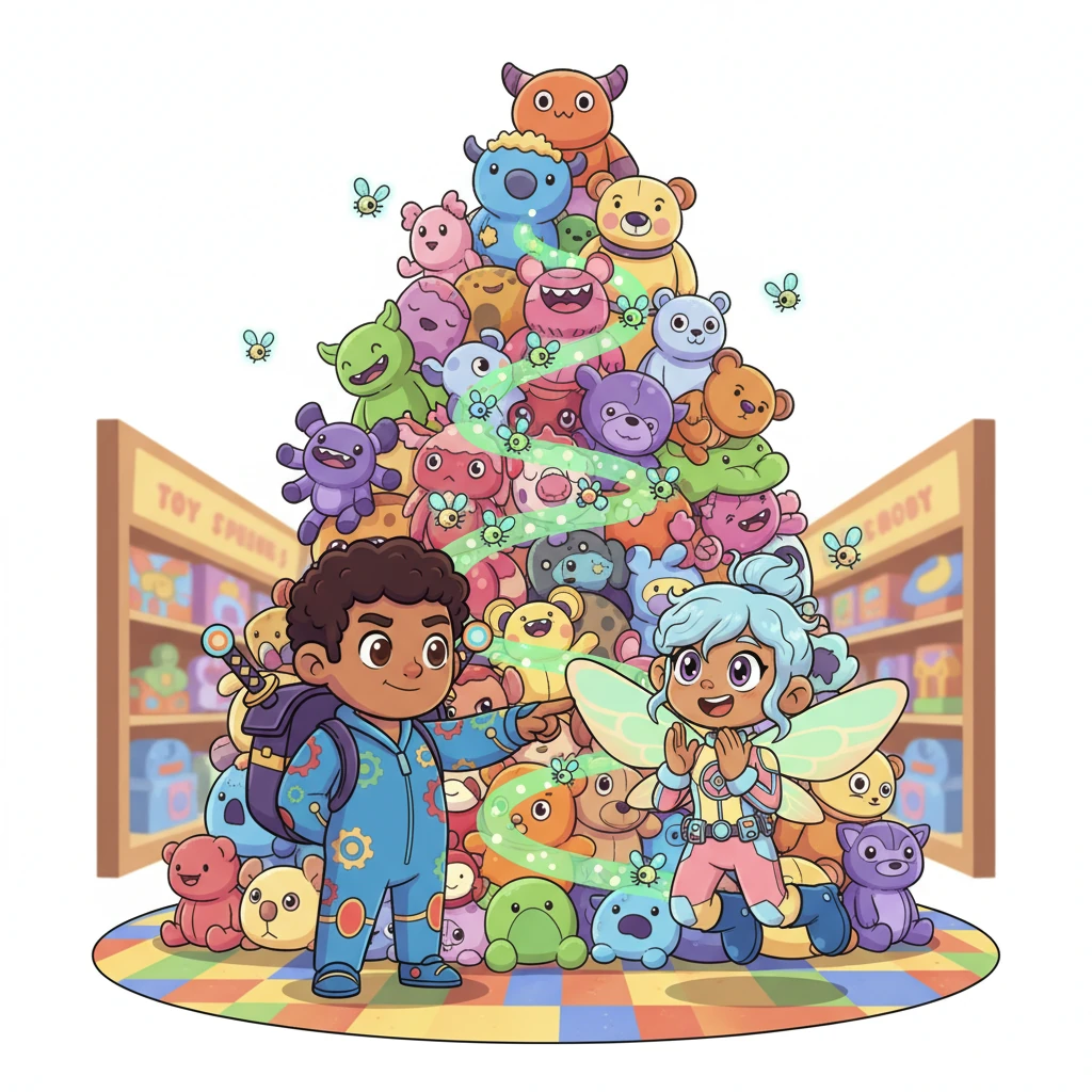 They encounter a giant, wobbly stack of plush toys blocking an aisle, a playful but tricky obstacle. Rory's eyes scan quickly, and the Flutter-flies quickly reform, creating a new, winding path around the plush mountain. Lily claps her hands, delighted by their cleverness.