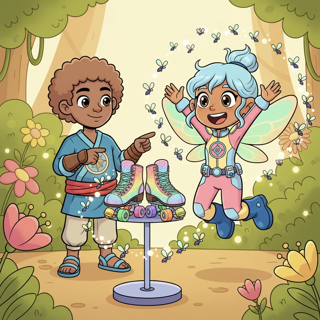 Finally, the Flutter-flies gather together, swirling around a display of the most magnificent, sparkling Rainbow Roller-Skates. Lily's face lights up with pure joy, her search successfully ended thanks to Rory and his tiny helpers. She jumps with excitement, ready to try them on.