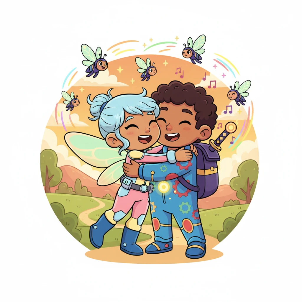 Lily gives Rory a big, happy hug, thanking him for his amazing guidance. Rory's face glows with pride, his Bamba core humming a contented tune. The Flutter-flies dance in the air, celebrating a mission accomplished, feeling proud of their teamwork.