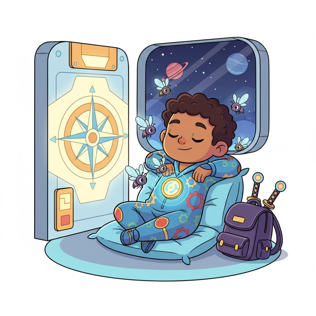 Back in his charging station, Rory settles down for a rest, his Bamba core softly pulsing. The Flutter-flies nestle around him, their glow dimming to a gentle shimmer. Rory dreams of new adventures, always ready to help someone find their way with his unique, cheerful navigation.