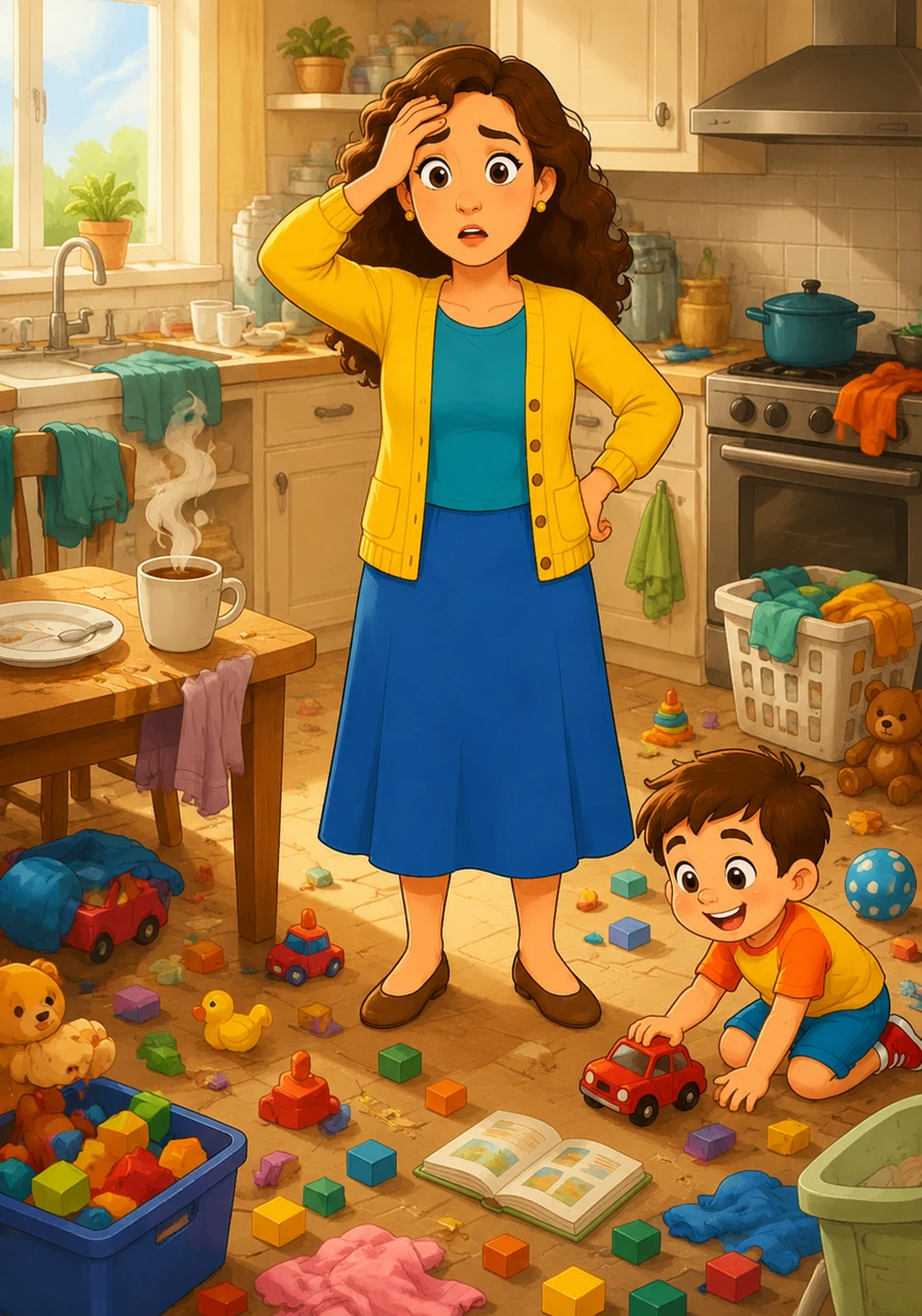 Clara stands in the middle of a sunny but cluttered kitchen, toys scattered like confetti while steam rises from a forgotten cup of coffee. Her eyes are wide with the weight of the morning's endless to-do list, feeling like a tiny boat in a vast, choppy sea.