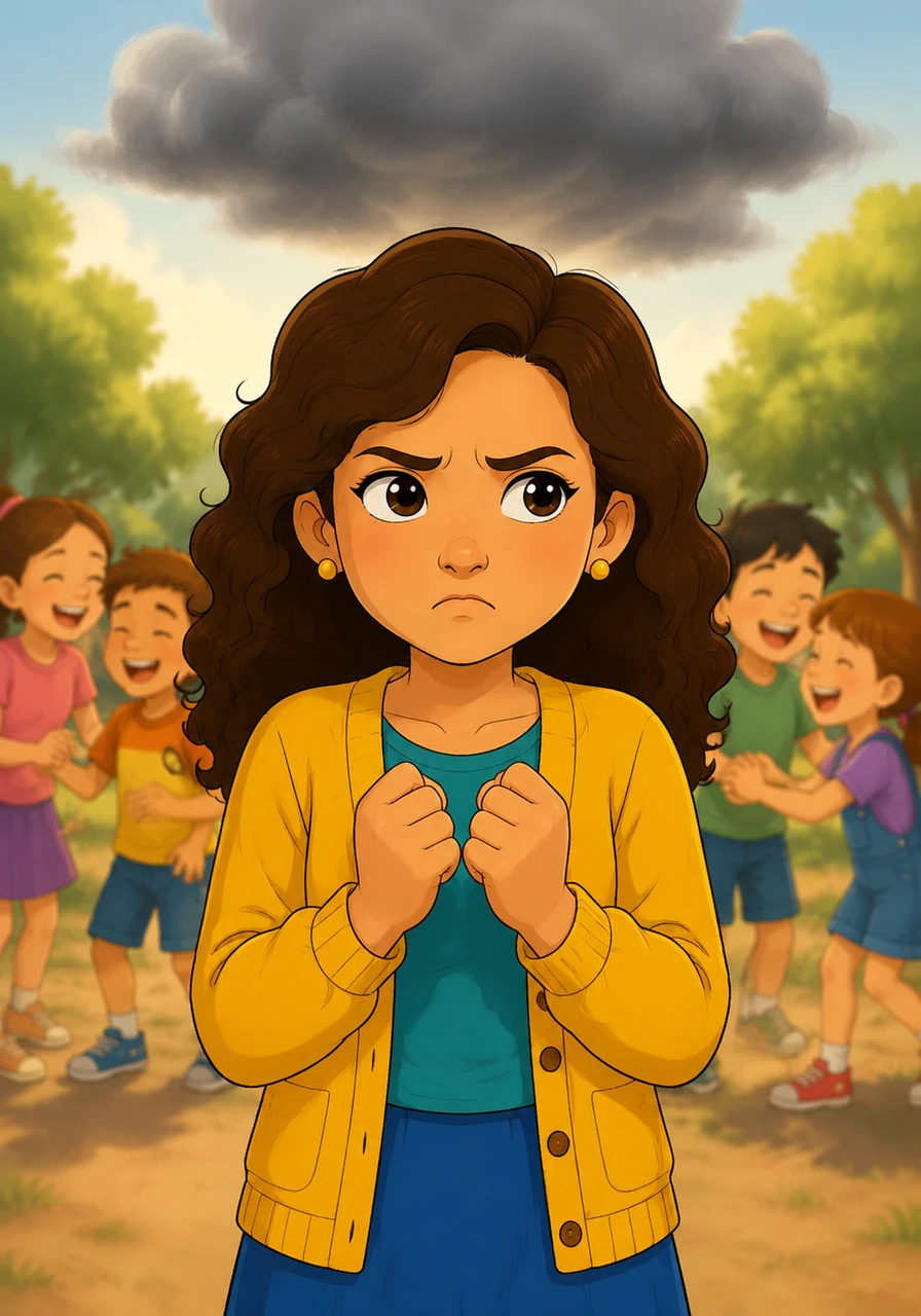 As the children’s laughter turns into high-pitched squeals, Clara feels a gray cloud of frustration gathering in her chest. She notices her hands clenching and her breath becoming short, recognizing the familiar storm that often clouds her sunny heart.