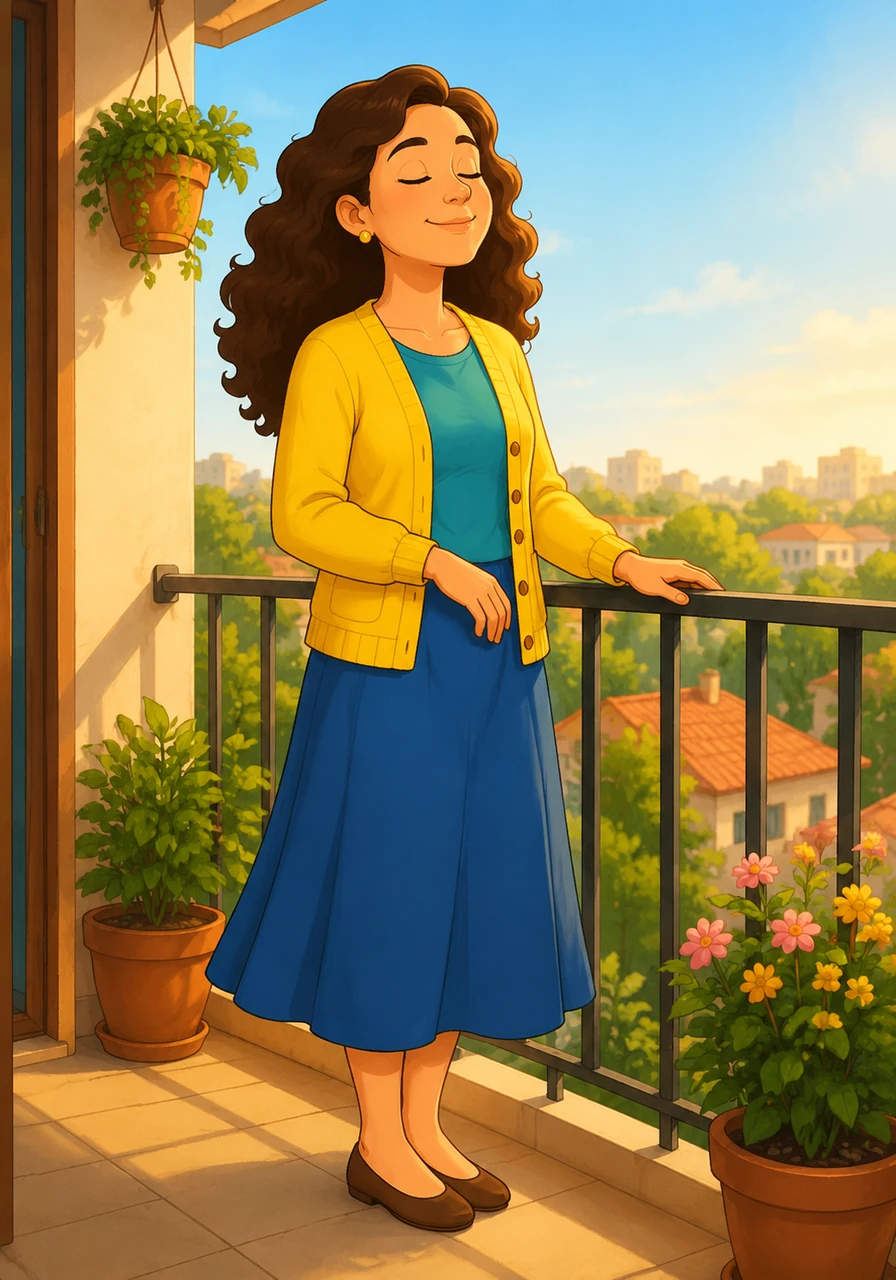 She steps onto the balcony for just a moment, letting the cool morning air brush against her cheeks and quiet the noise in her head. In this tiny pocket of peace, she reminds herself that she is a person first, and a mother second, deserving of her own kindness.