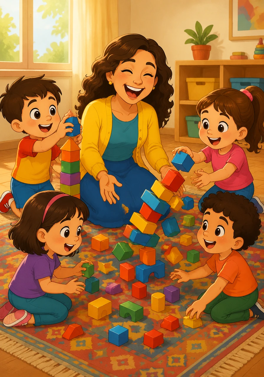 Later that afternoon, they all sit together on a soft rug, building towers out of colorful blocks and imagination. Clara lets go of the need for perfection, finding joy in the wobbles and the crashes, laughing along with the rhythm of the day.