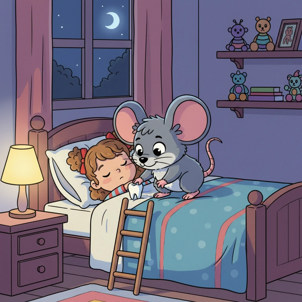 Pendant la nuit, une petite souris aux grandes oreilles et au pelage doux s'approcha du lit de Zoé. Elle grimpa avec précaution et, avec une petite échelle, prit la dent de Zoé.