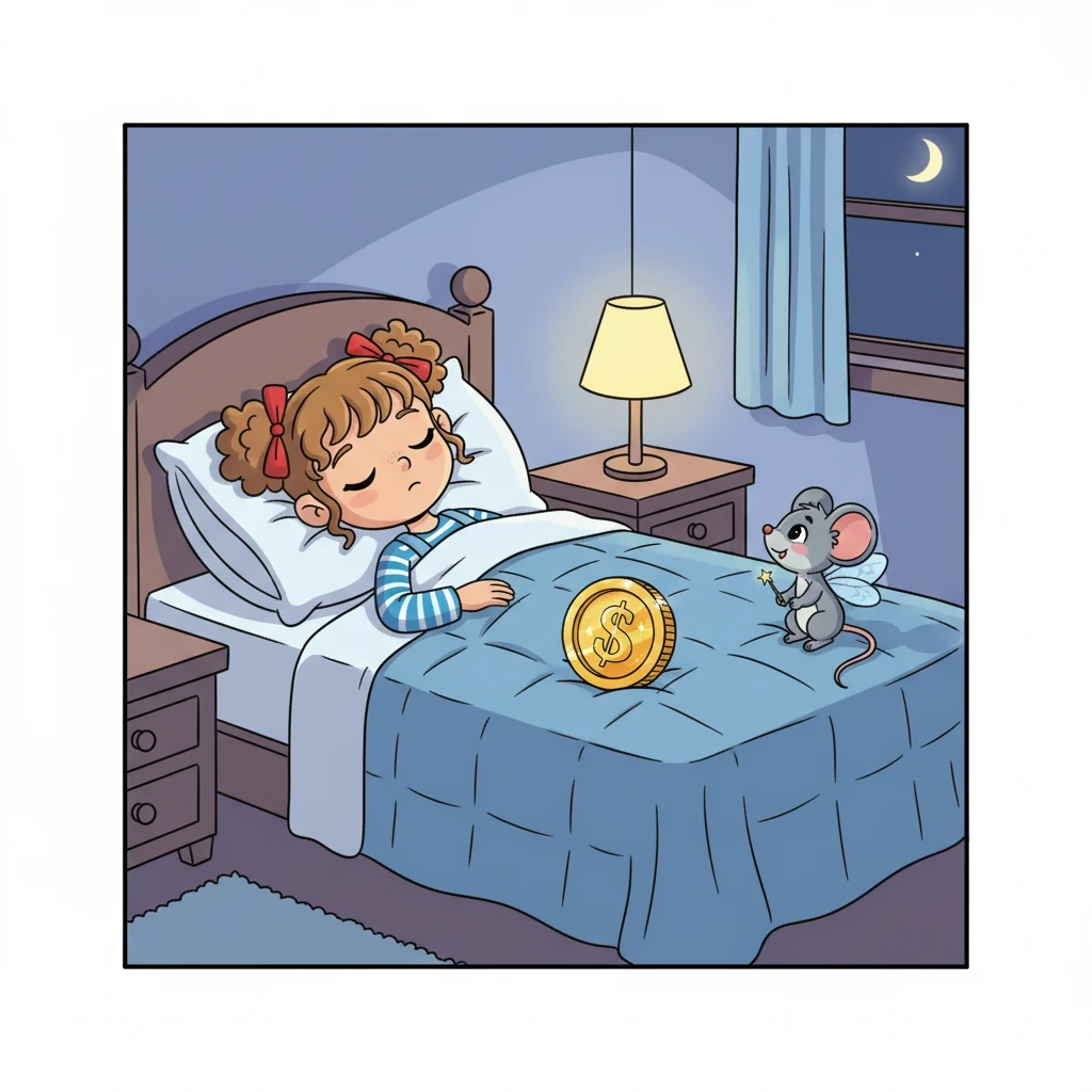 La petite souris laissa une magnifique pièce d'or scintillante à la place de la dent. Elle sauta ensuite sur le lit et observa Zoé dormir paisiblement. Puis, elle s'éclipsa dans l'ombre.