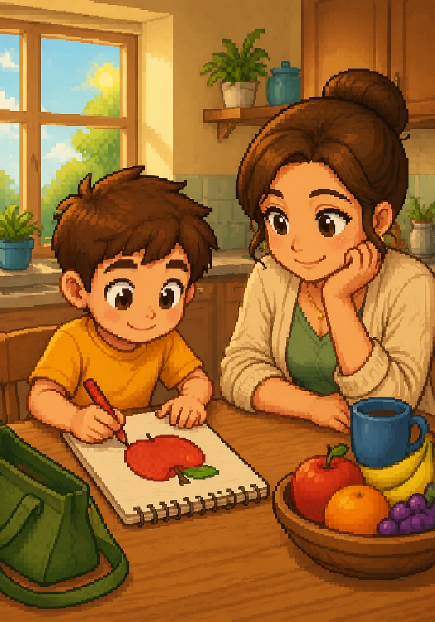 Leo sits at the kitchen table with his mom, carefully drawing a picture of a giant red apple on their shopping list. The morning sun shines through the window as they prepare for their big trip to the store.