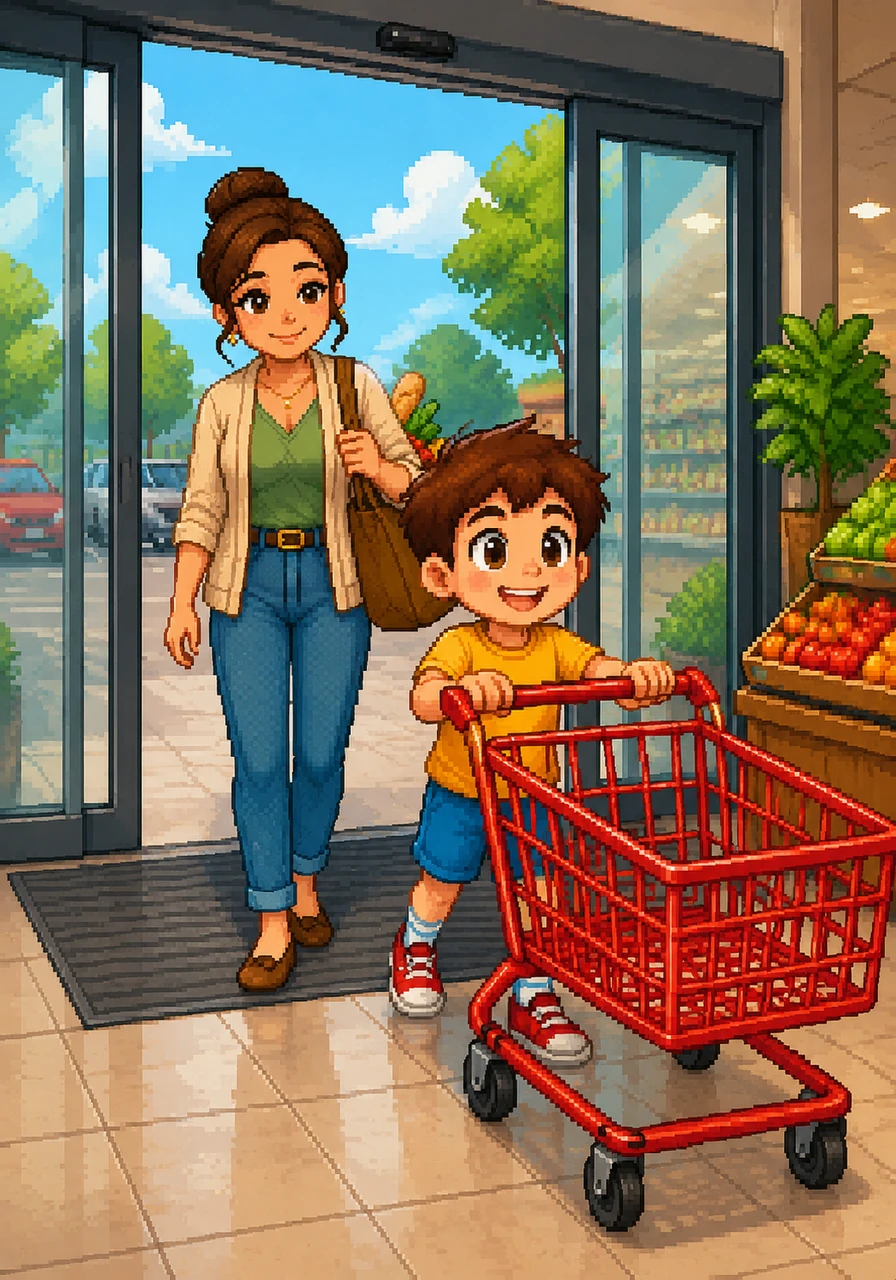 They arrive at the supermarket, where the automatic glass doors slide open with a friendly whoosh. Leo grabs the handle of a shiny red shopping cart, ready to lead the way into the world of groceries.