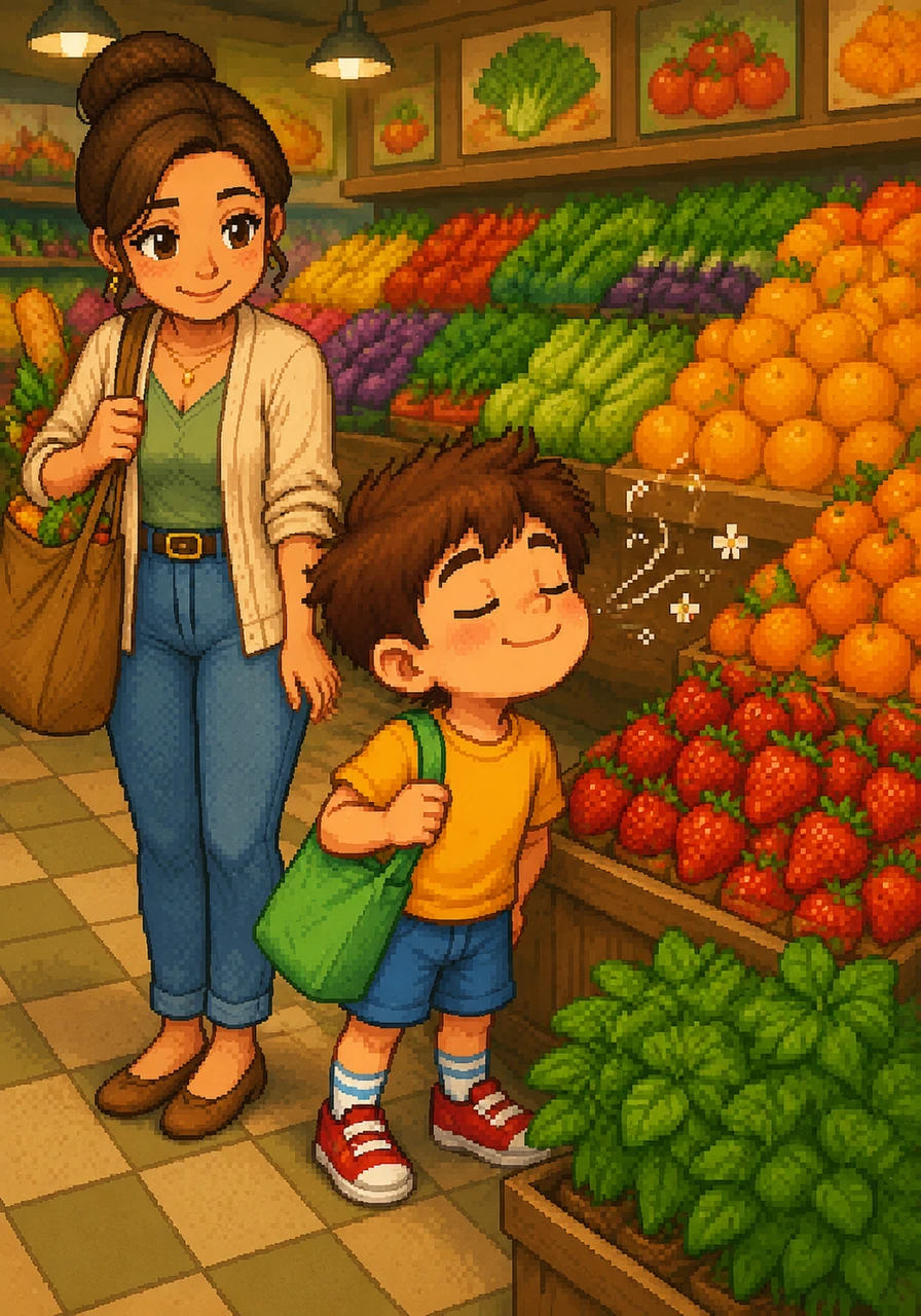 The produce section is a rainbow of colors, filled with mountains of oranges and stacks of leafy greens. Leo sniffs the air, smelling the sweet scent of ripe strawberries and fresh herbs.