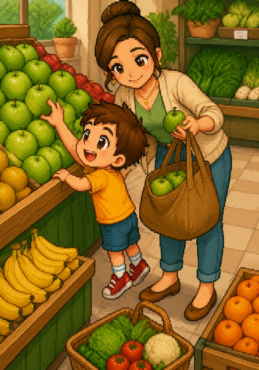 Mom helps Leo reach for the biggest, crunchiest green apples and places them gently into a bag. They count the yellow bananas together, making sure they have enough for a whole week of snacks.