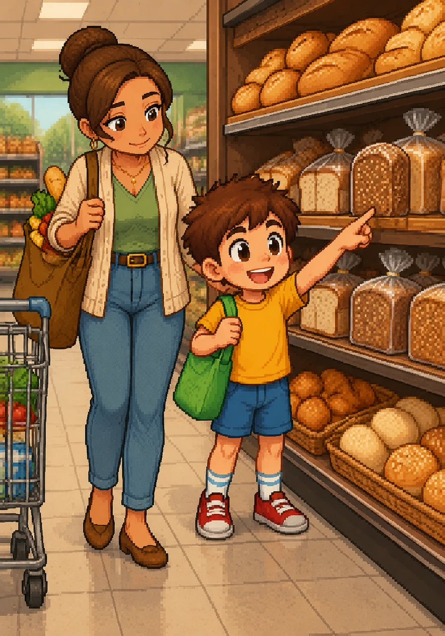 As they wander down the bread aisle, the delicious smell of toasted grains and soft rolls fills their noses. Leo points to a loaf of whole-wheat bread that looks just right for making his favorite sandwiches.