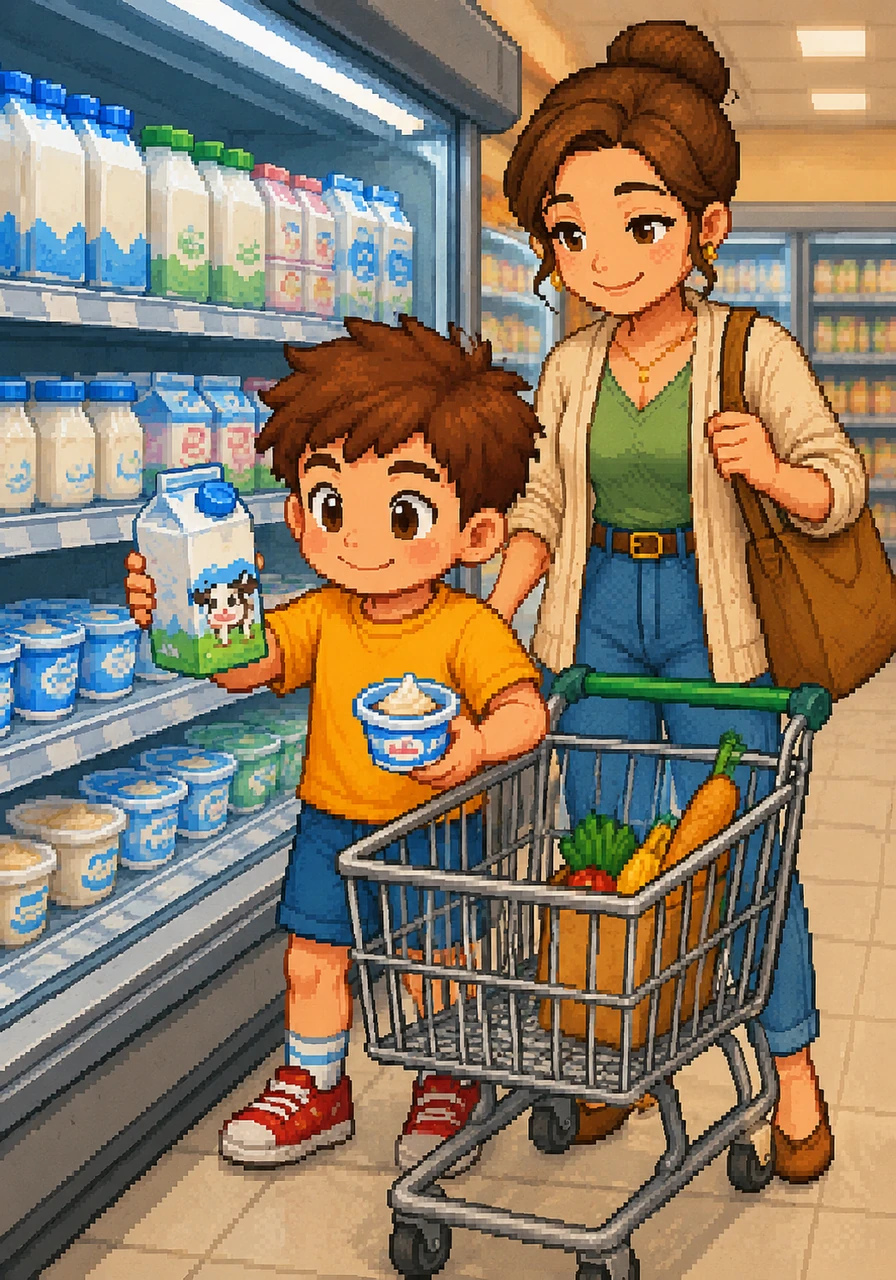 In the dairy aisle, the air feels chilly and crisp against Leo's cheeks. He carefully picks out a carton of cold milk and a tub of creamy yogurt, placing them neatly in the cart.