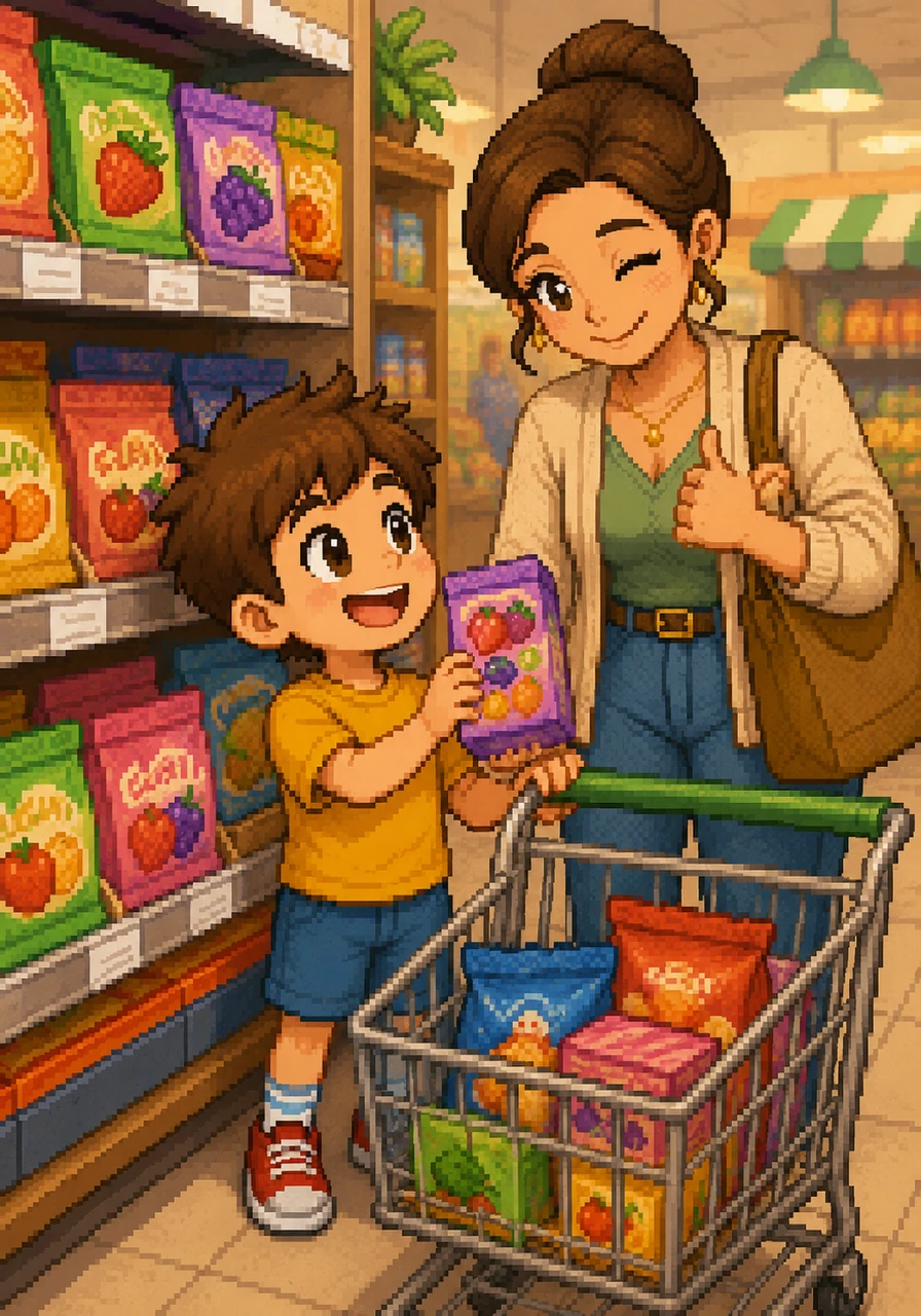 Leo spots a colorful display of fruit snacks and looks up at his mom with a hopeful smile. She nods with a wink, and he happily adds one special box to their growing collection of treats.