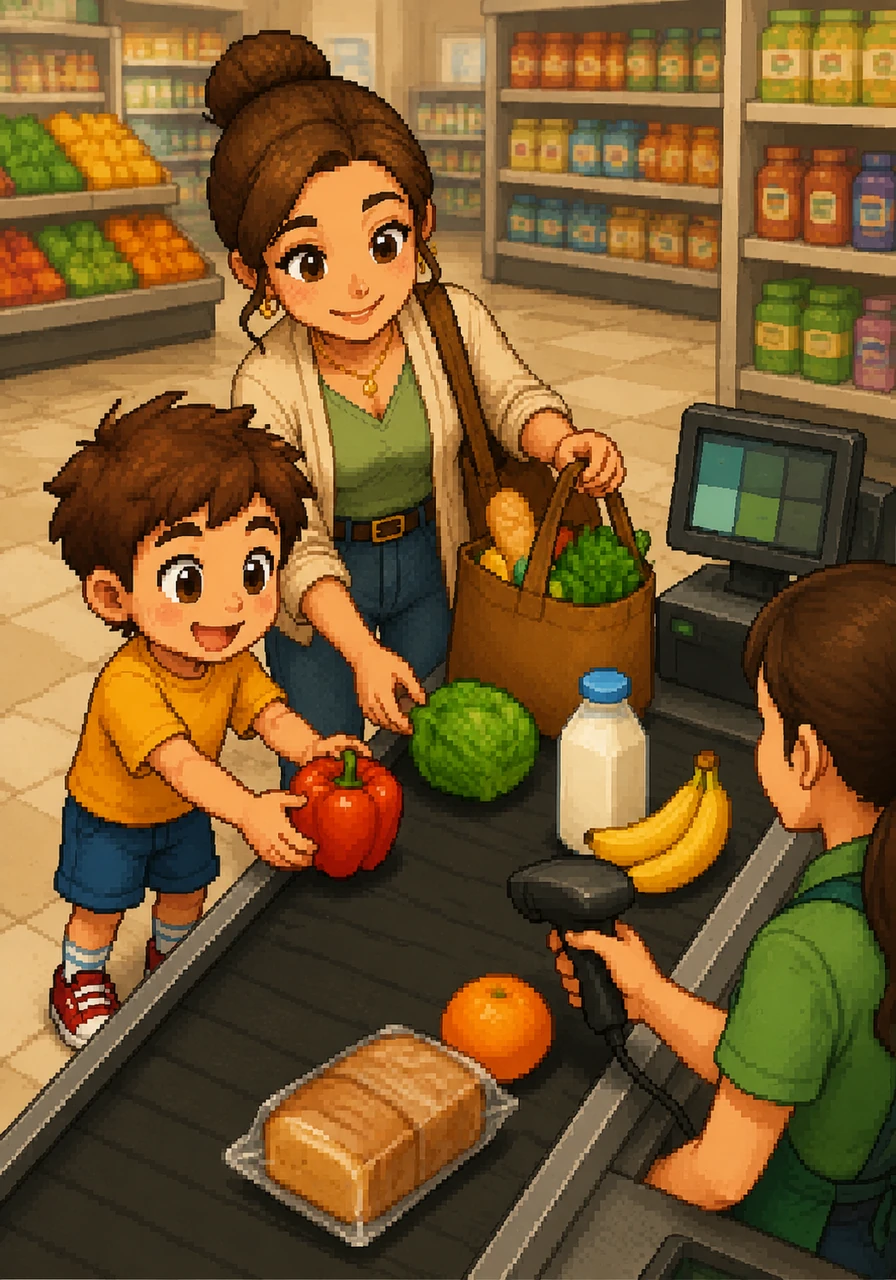 At the checkout counter, Leo helps lift the groceries onto the moving black belt. He watches with fascination as each item slides toward the cashier, waiting for its turn to be scanned.