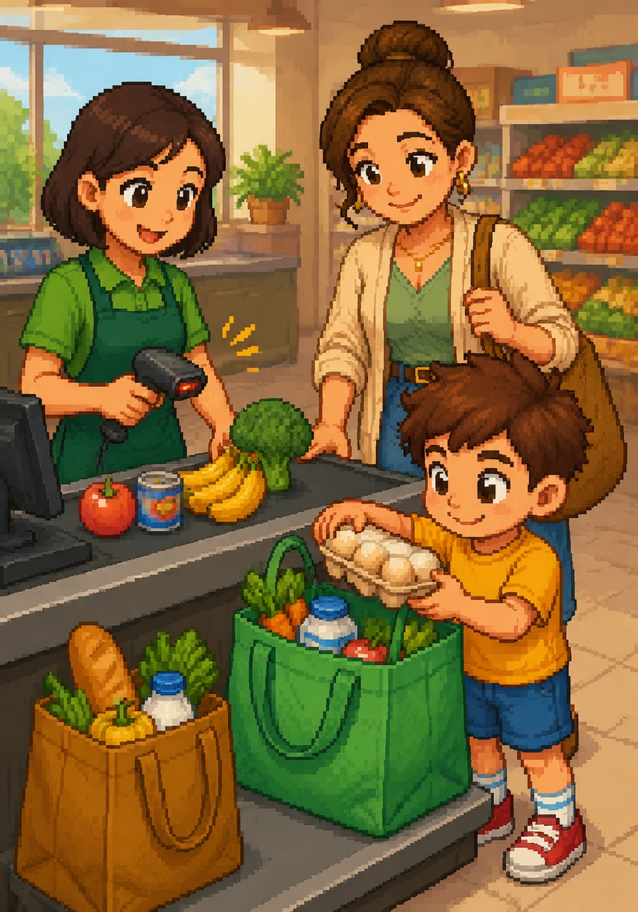 The cashier smiles as the scanner makes a cheerful beep for every item. Leo helps pack the groceries into their sturdy reusable bags, making sure the eggs are placed safely on top.