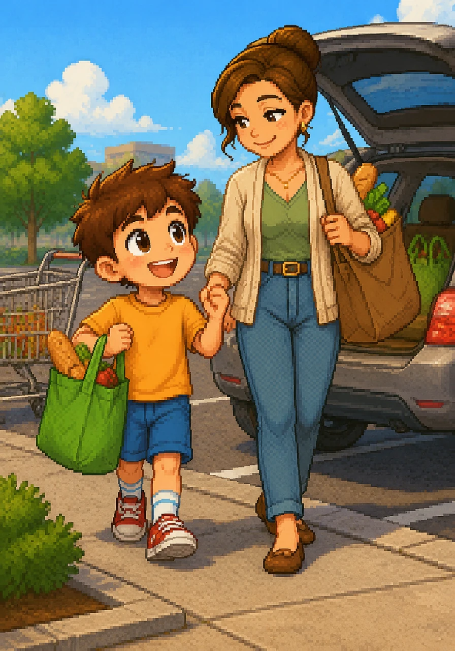 Walking back to the car, Leo feels like a grown-up helper with a successful mission accomplished. He looks forward to going home and helping his mom put everything away in the kitchen.