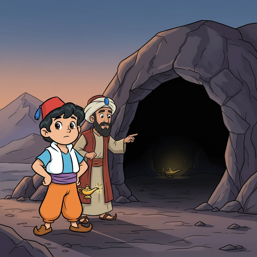 أخذ "العم" علاء الدين إلى جبل بعيد، حيث كان ينتظره كهف مظلم. طلب الرجل من علاء الدين الدخول إلى الكهف وإحضار مصباح قديم. لم يكن علاء الدين يعلم أن هذا المصباح يحمل سرًا عظيمًا.