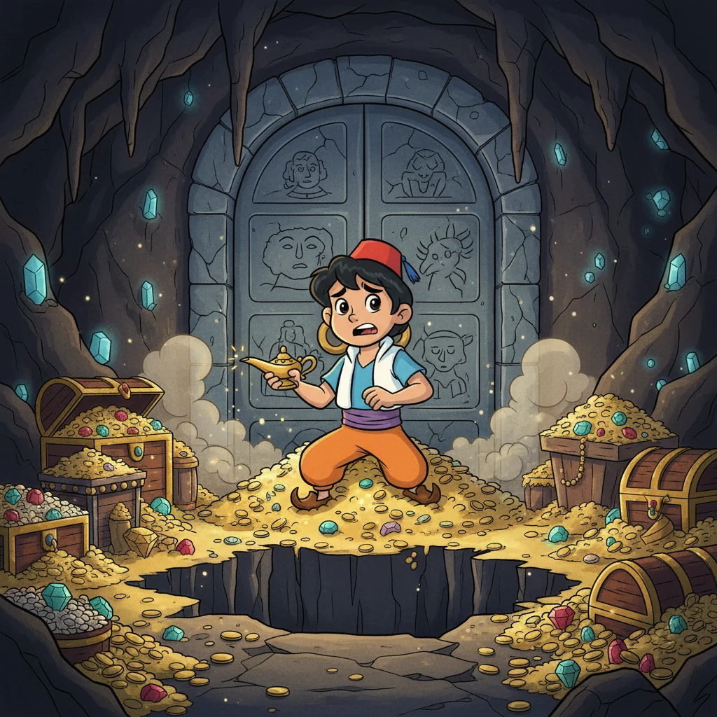 داخل الكهف، وجد علاء الدين المصباح محاطًا بالذهب والمجوهرات. أخذ علاء الدين المصباح، ولكنه وقع في الفخ، وأُغلق عليه باب الكهف. شعر بالخوف واليأس، لكنه لم يفقد الأمل.