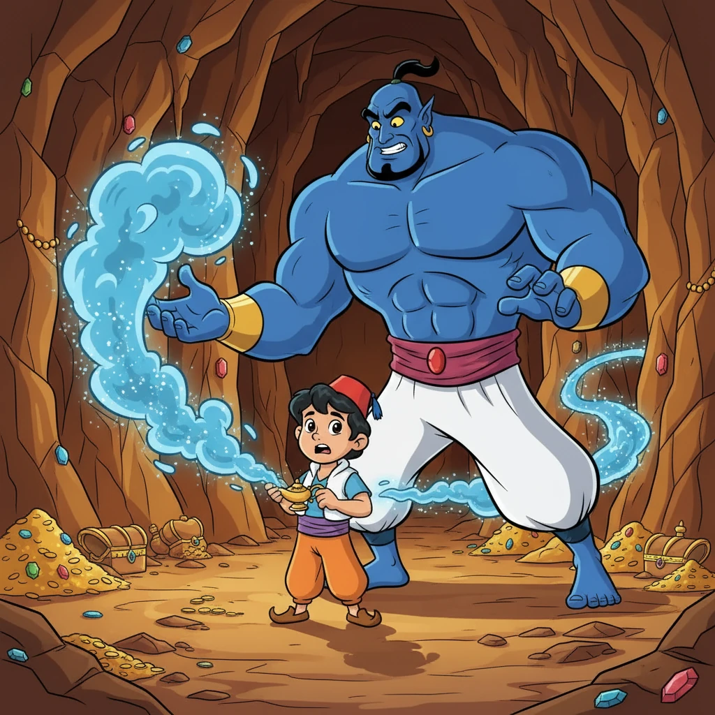 بينما كان علاء الدين يحاول الخروج من الكهف، فرك المصباح بغير قصد. ظهر جني ضخم، مستعد لتلبية كل أمنياته. استخدم علاء الدين الجني للعودة إلى منزله، وبدأت حياته تتغير.