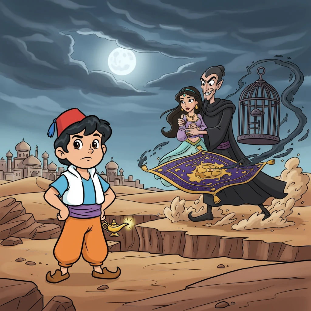 أصبح علاء الدين غنيًا، وتزوج من الأميرة الجميلة. لكن المشعوذ الشرير عاد، وسرق المصباح، وخطفت الأميرة. انطلق علاء الدين في رحلة أخرى لاستعادة حبيبته.