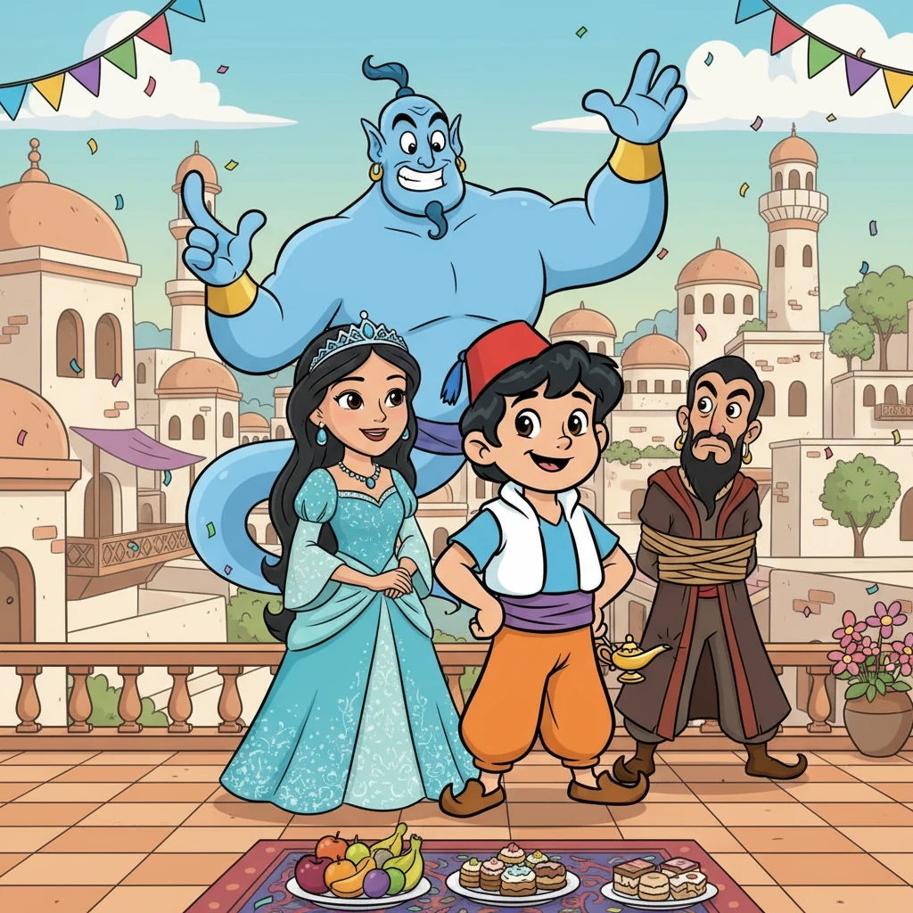 بمساعدة الجني وذكائه، استطاع علاء الدين هزيمة المشعوذ وإنقاذ الأميرة. عاشوا جميعًا في سعادة وهناء، وتذكروا دائمًا أن الأحلام يمكن أن تتحقق بالإيمان والشجاعة.