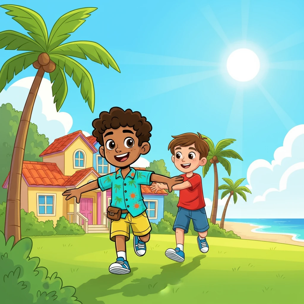 Nico vivía en una casa colorida en Florida, cerca de la playa. El sol siempre brillaba y las palmeras se balanceaban con la brisa. A Nico le encantaba jugar afuera, especialmente con su mejor amigo, Tomás.