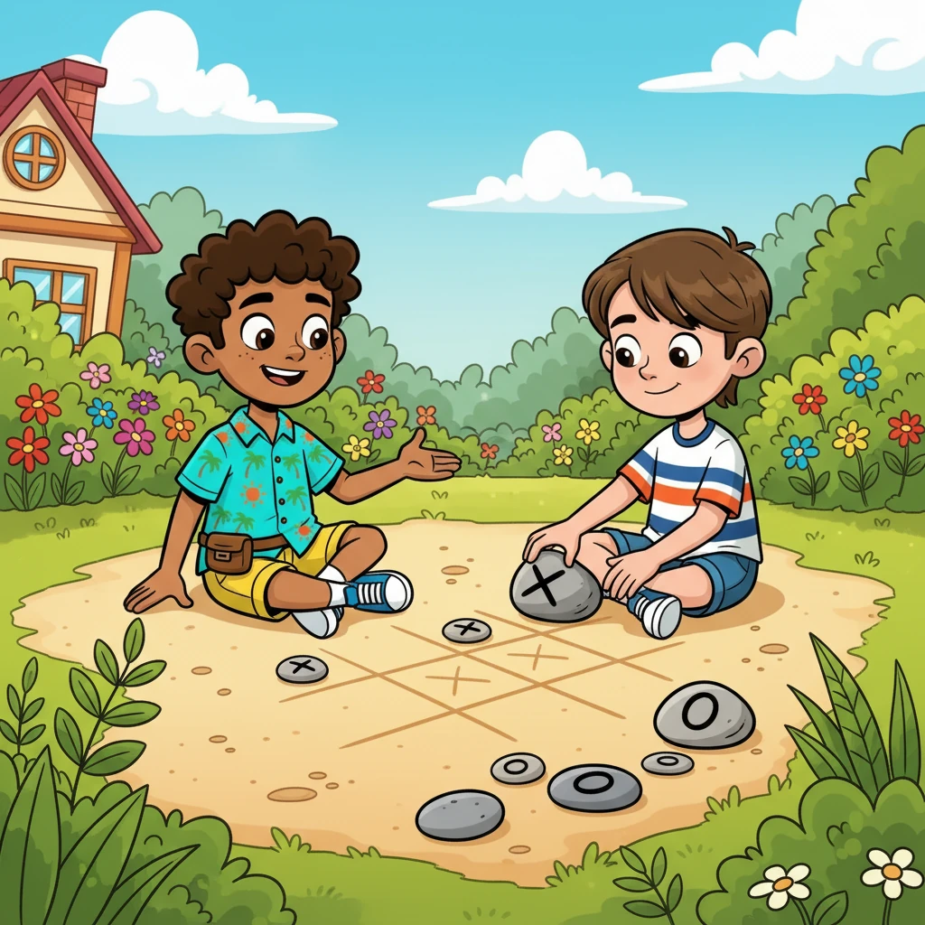Un día soleado, Nico y Tomás decidieron jugar al triqui en el jardín. Dibujaron una cuadrícula en la arena y prepararon sus fichas: cruces y círculos. La emoción se podía sentir en el aire.