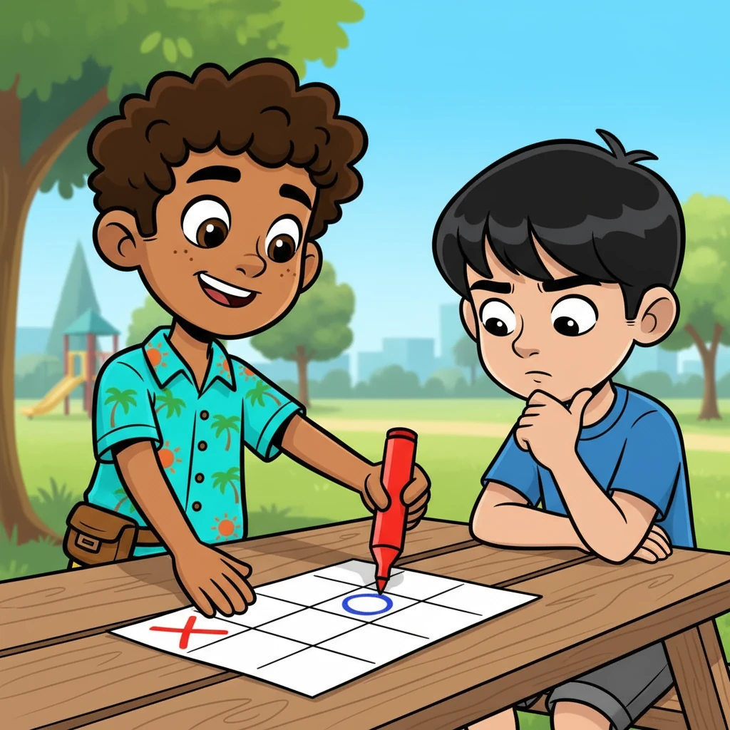 Tomás, con una sonrisa, hizo el primer movimiento, colocando una cruz en la esquina superior izquierda. Nico, concentrado, pensó cuidadosamente su jugada, colocando un círculo en el centro.