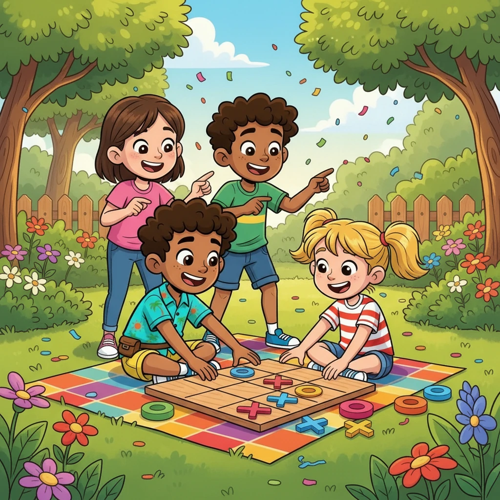 El juego avanzaba, cada uno intentando alinear tres de sus fichas. Risas y gritos de alegría llenaban el jardín. La competencia era amistosa y llena de diversión.