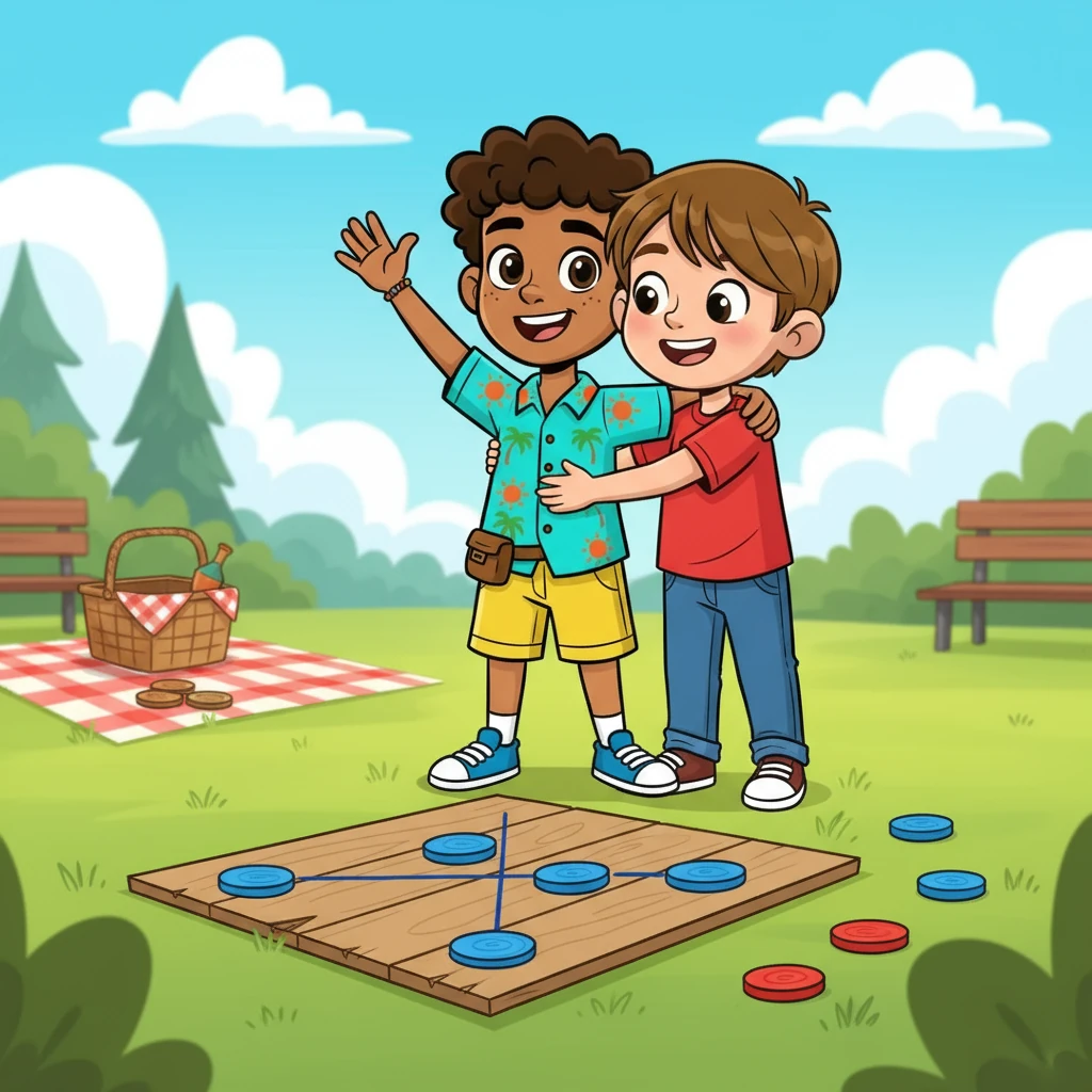 Finalmente, después de varios intentos, Nico logró alinear sus tres círculos y gritar: "¡Triqui!". Tomás celebró la victoria de su amigo con un abrazo.