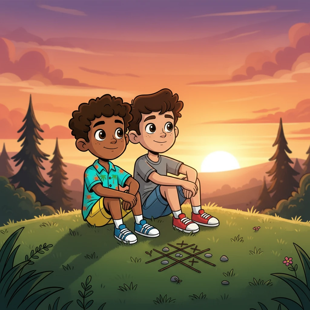 Después del juego, Nico y Tomás, cansados pero felices, prometieron volver a jugar al triqui al día siguiente. Se sentaron juntos a ver la puesta de sol, sabiendo que su amistad era el tesoro más valioso.