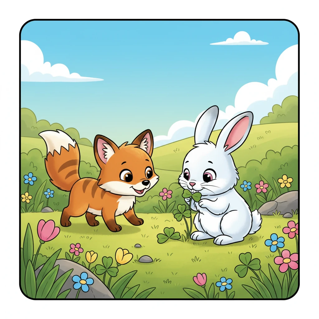 يلتقط فلفل بعينيه ليلي، الأرنبة الصغيرة الخجولة، وهي تقضم البرسيم بالقرب من مجموعة من الزهور البرية الملونة. يقترب فلفل بلطف، ويهز ذيله.