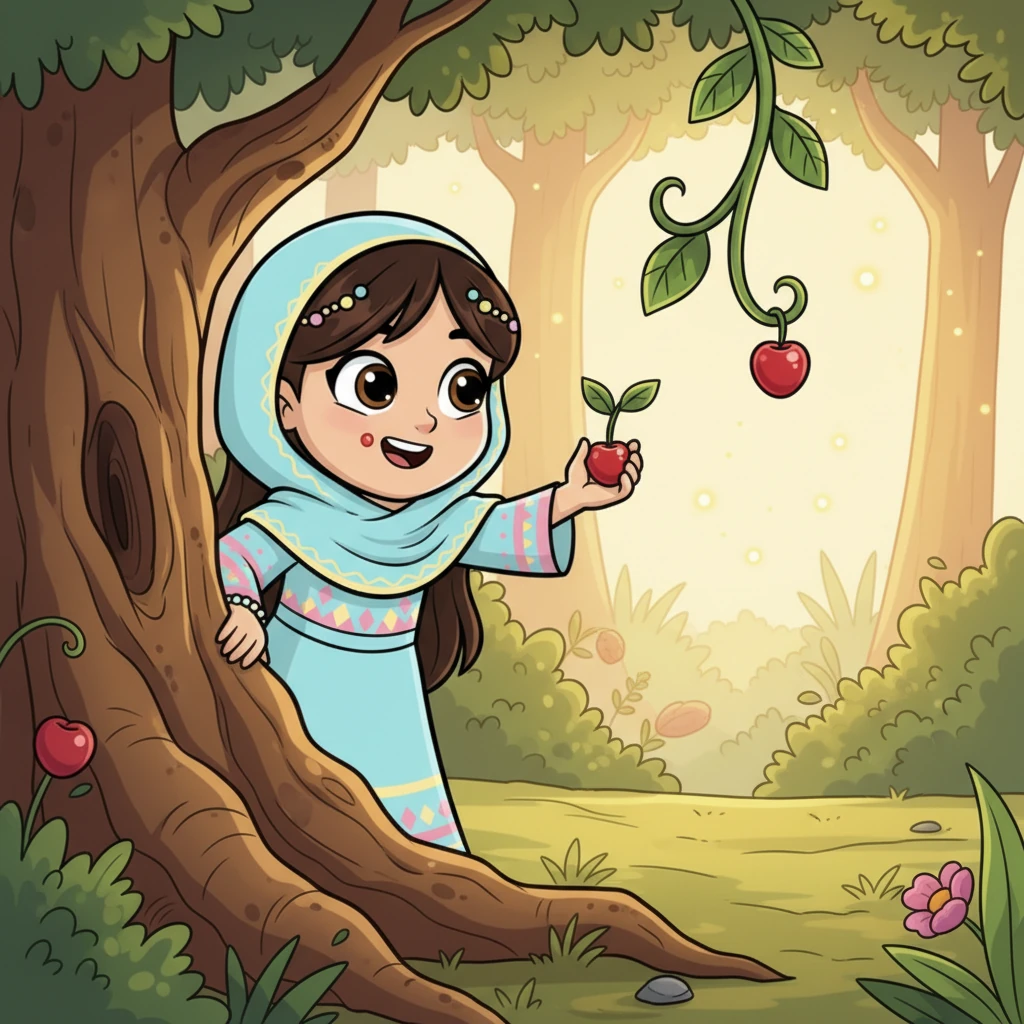 تطل ليلي بحذر، وترى حبة التوت، فتأخذ منها قضمة صغيرة. يا لها من لذة! تتلفت حولها باحثة عن الغريب اللطيف.