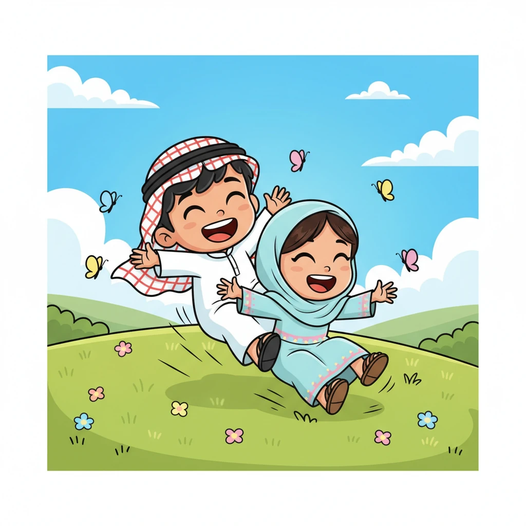 يبدآن في اللعب، يطاردان الفراشات ويتدحرجان على تلة لطيفة، ويضحكان طوال الوقت. تزدهر صداقتهما بسرعة كبيرة.