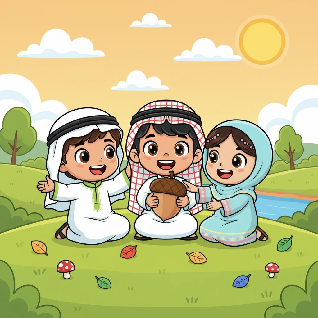 يتقاسم الأصدقاء الثلاثة البلوطة، يضحكون ويمرحون، ويضعون خططًا لمزيد من المغامرات معًا. يدركون كم هو ممتع أن يكون لديهم أصدقاء.