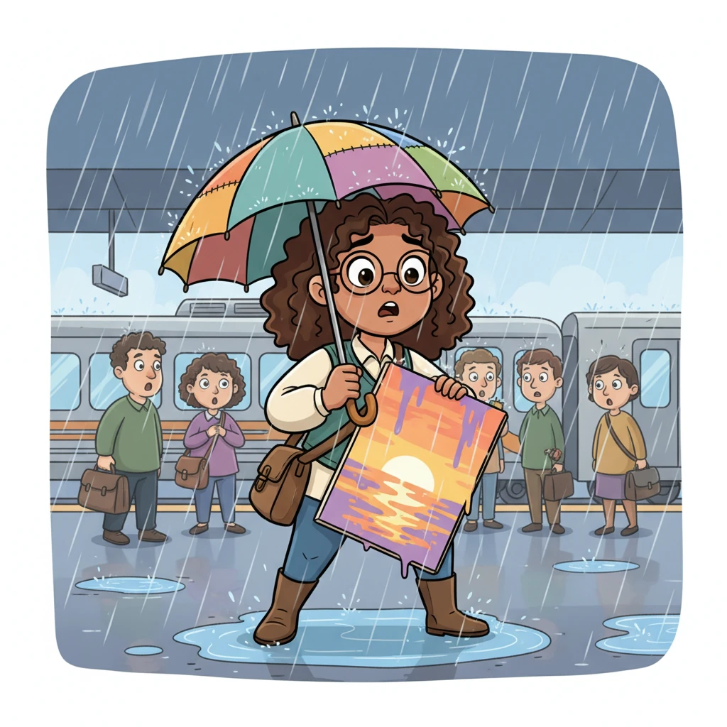 The city hummed as rain poured down, drenching the bustling transit station. Clara, a whirlwind of bright colors, struggled to protect her half-finished canvas from the sudden summer shower with a tiny, worn umbrella. Her vibrant painting of a sunset seemed to frown under the relentless drops.