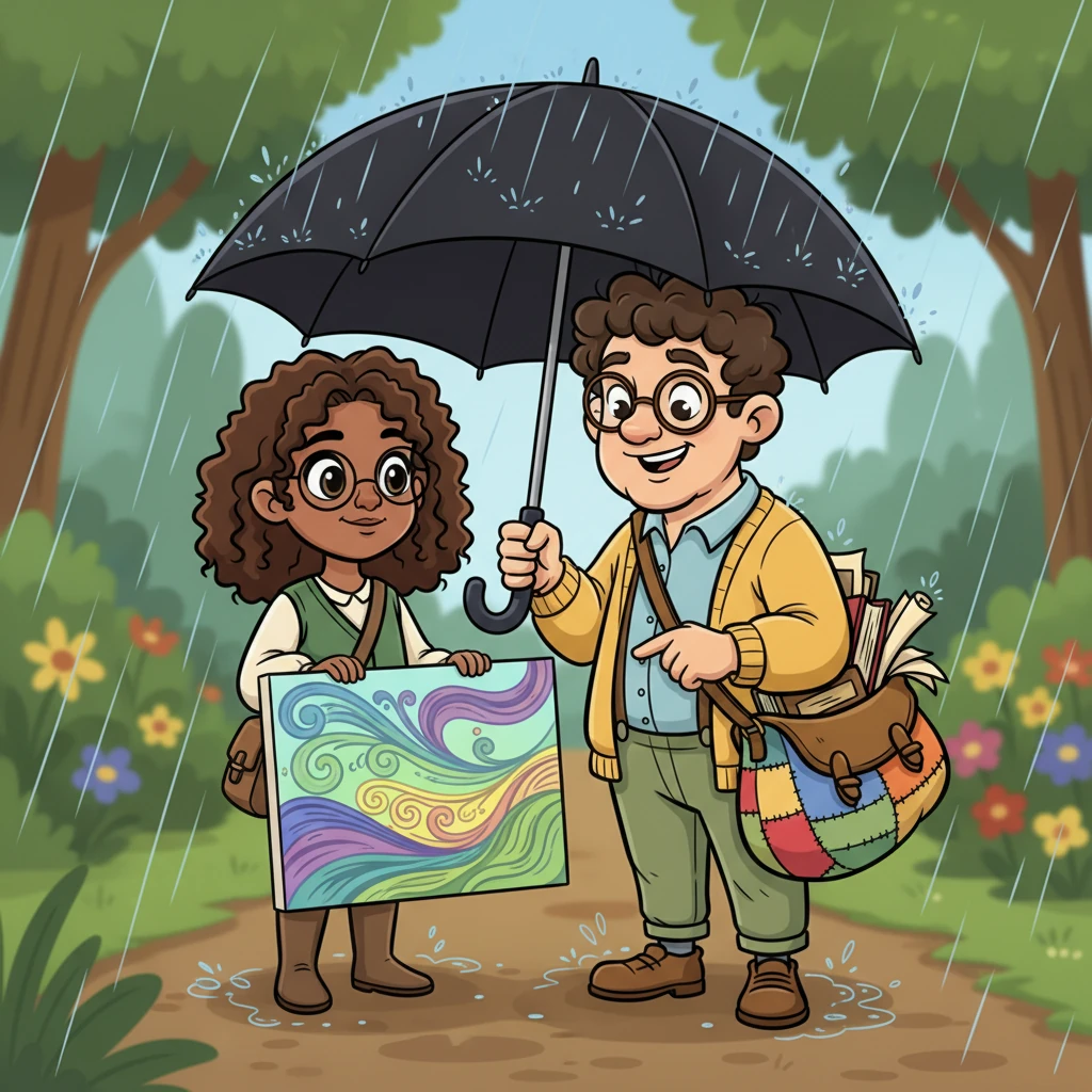 Just then, Elias, a quiet man with a gentle smile, appeared like a thoughtful guardian. Without a word, he extended his sturdy black umbrella, shielding Clara's beautiful artwork from the downpour. He leaned in slightly, admiring the painting, 'It's beautiful,' he softly said, 'but it looks like it's missing the light from the edges.'