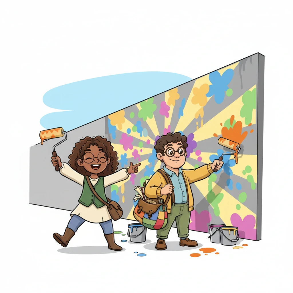 Clara, in turn, pulled Elias into her vibrant, colorful universe, showing him that life was meant to be lived in bold strokes of paint. Together, they transformed a drab city wall into a dazzling masterpiece, Elias cautiously adding a touch of bright color under Clara's playful guidance.