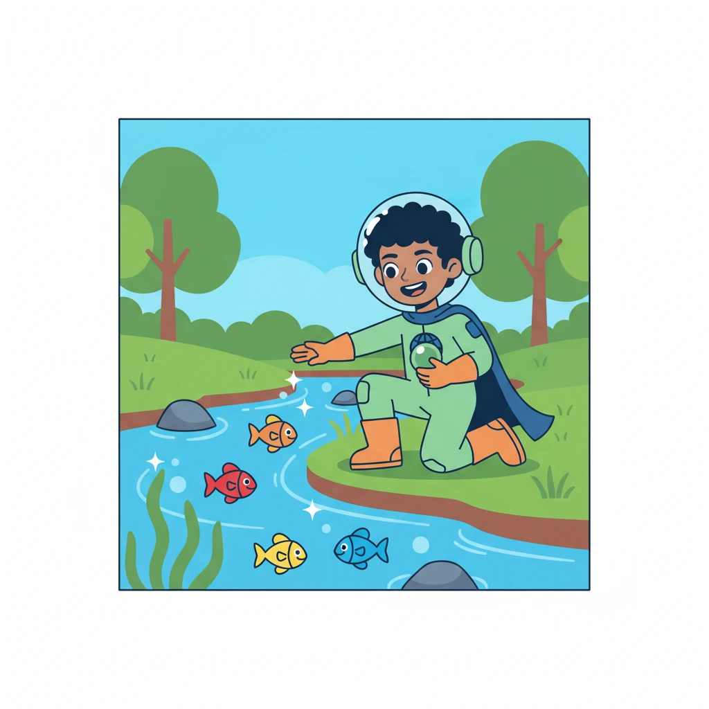 Pip visited a sparkling blue river, where happy, colorful fish swam. He learned that keeping trash out of the water helps fish have clean homes and keeps their world bright and healthy. A clean river means happy fish!