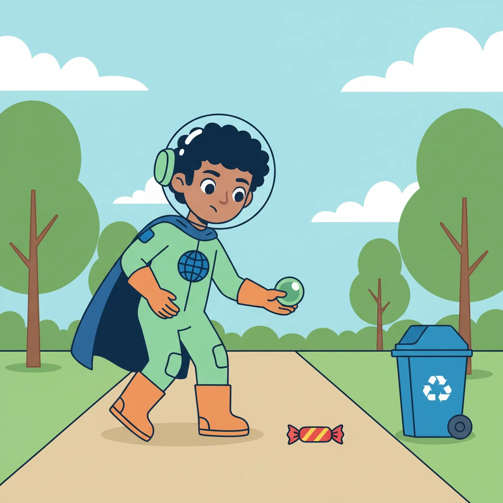 Walking in the park, Pip noticed a bright candy wrapper on the ground. He remembered that littering means trash ends up in the wrong place. Pip always made sure his trash found its way to a proper bin.